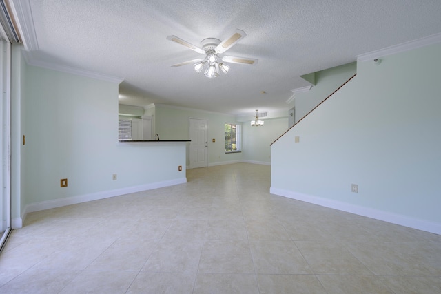 unfurnished living room with ceiling fan with notable chandelier, crown molding, a textured ceiling, and light tile floors