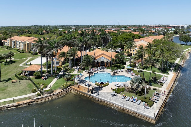 birds eye view of property featuring a water view