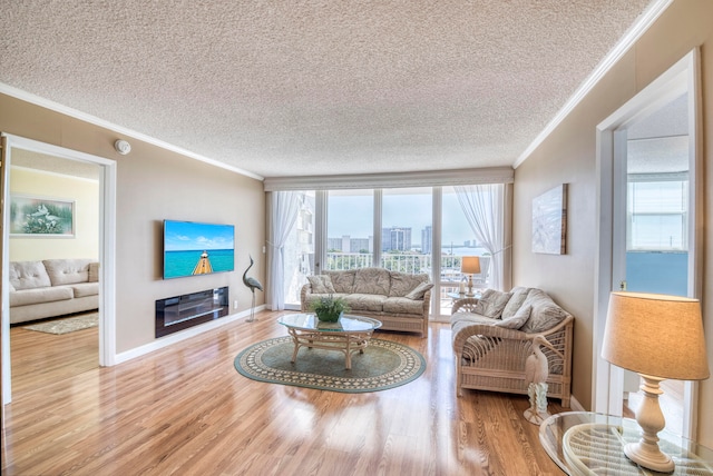 living room featuring a textured ceiling, light hardwood / wood-style floors, and ornamental molding