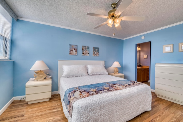 bedroom with ornamental molding, a textured ceiling, ceiling fan, and light hardwood / wood-style flooring