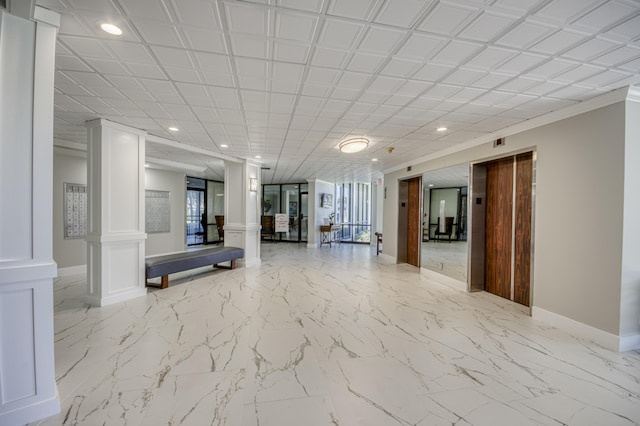 336 Golfview Rd Unit 1011, North Palm Beach, FL 33408 - workout room featuring decorative columns, recessed lighting, elevator, light marble finish floors, and baseboards