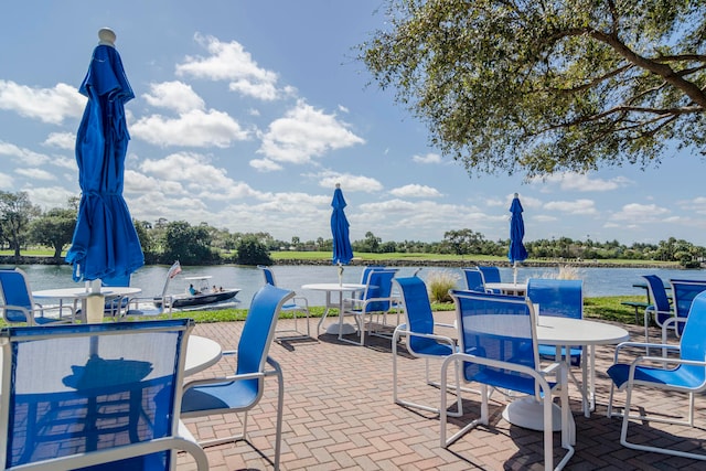 view of patio featuring a water view