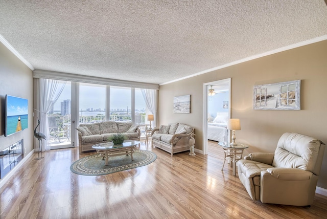 336 Golfview Rd Unit 1011, North Palm Beach, FL 33408 - living room with a textured ceiling, ornamental molding, wood finished floors, baseboards, and a city view