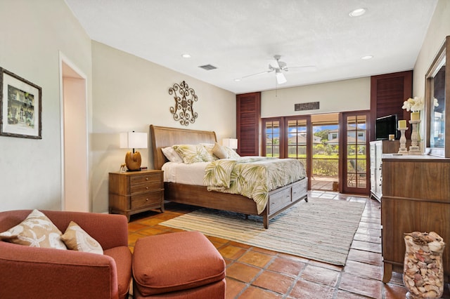 tiled bedroom featuring french doors, access to exterior, and ceiling fan