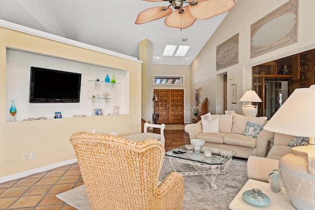 tiled living room featuring high vaulted ceiling and ceiling fan