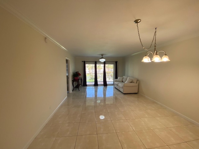 interior space featuring french doors, ornamental molding, a notable chandelier, and light tile floors