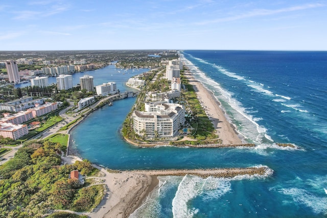 aerial view featuring a water view and a beach view