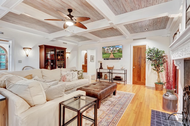 living room featuring ceiling fan, coffered ceiling, beamed ceiling, hardwood / wood-style floors, and wood ceiling