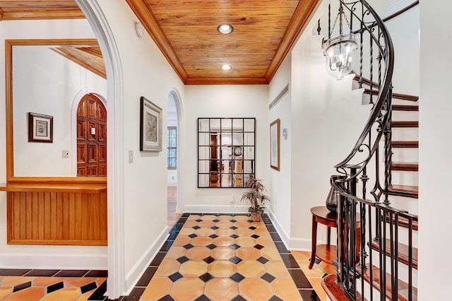 hall with wood ceiling