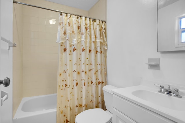 full bathroom with vanity with extensive cabinet space, toilet, and shower / bathtub combination with curtain