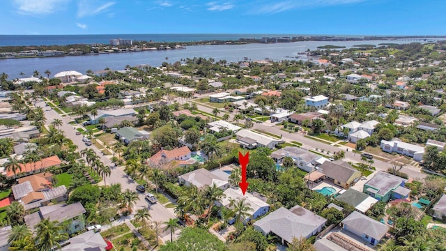 drone / aerial view featuring a water view