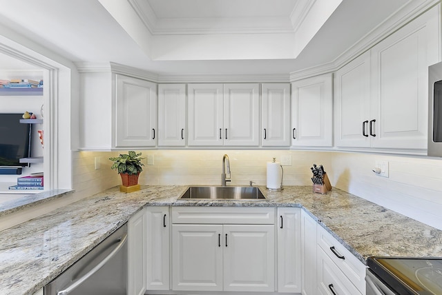 kitchen with white cabinetry, sink, stainless steel dishwasher, and a raised ceiling