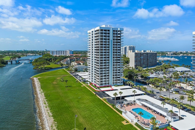 drone / aerial view featuring a water view