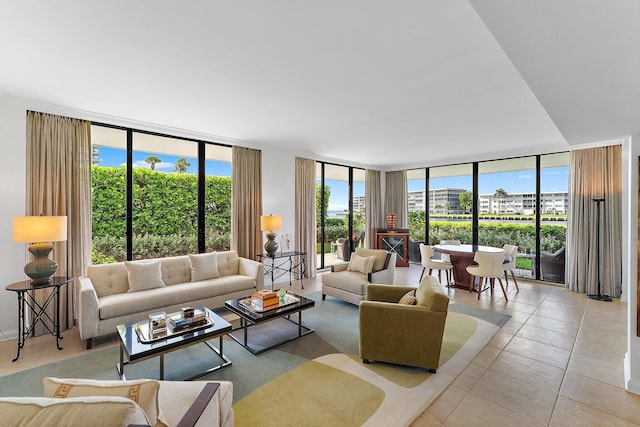 tiled living room with expansive windows