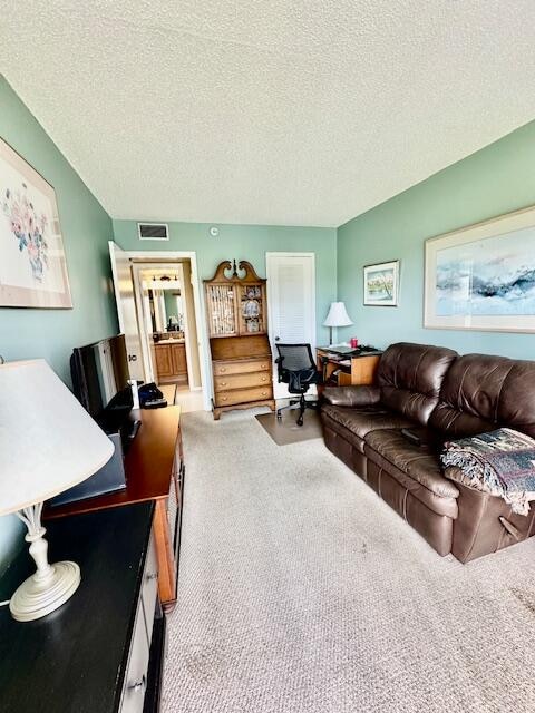 carpeted living room featuring a textured ceiling