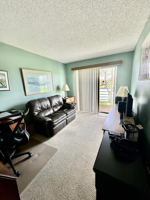 living room featuring carpet flooring and a textured ceiling