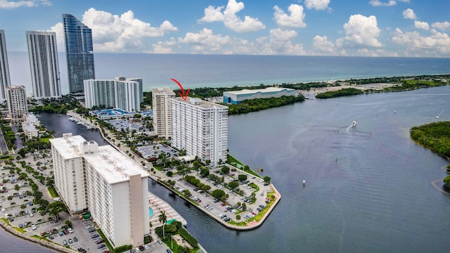 drone / aerial view with a water view