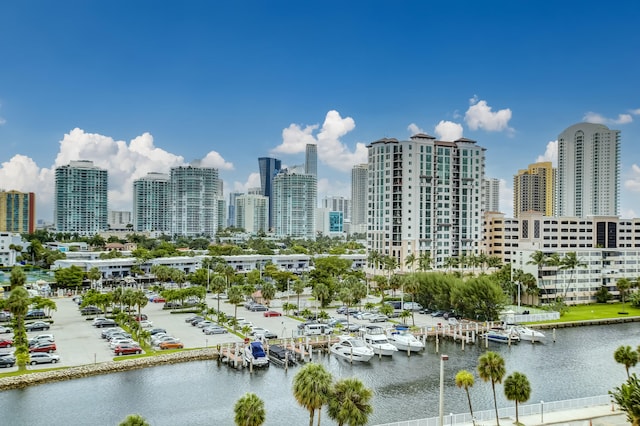 property's view of city featuring a water view