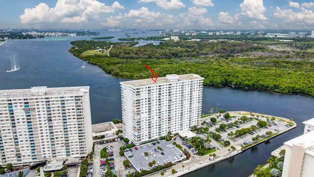 aerial view featuring a water view