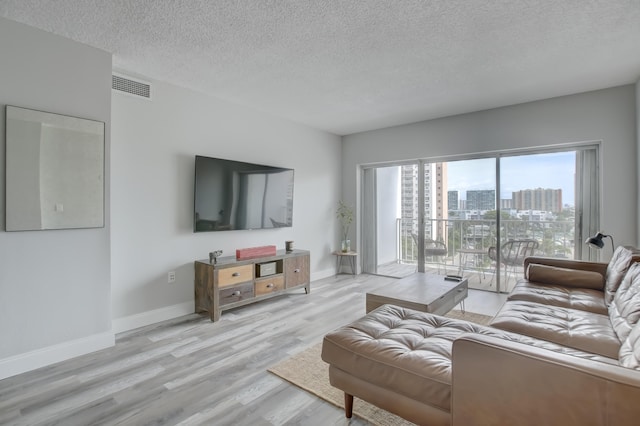 living room featuring a textured ceiling and light hardwood / wood-style floors