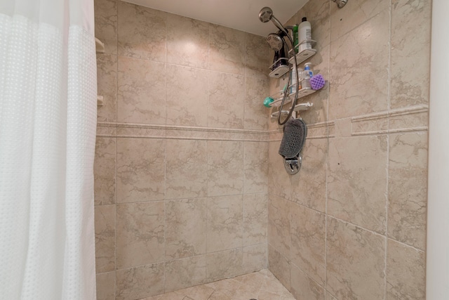 interior details with a shower with shower curtain