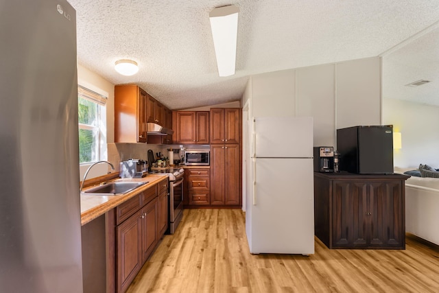 kitchen with appliances with stainless steel finishes, lofted ceiling, light hardwood / wood-style floors, and sink