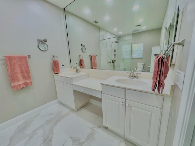 bathroom with an enclosed shower, toilet, double sink vanity, and tile flooring