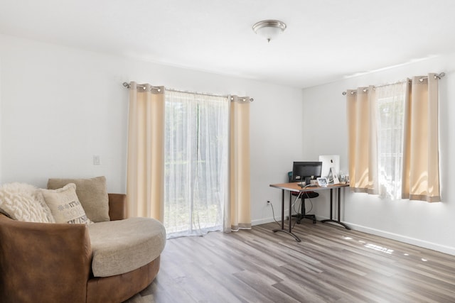 sitting room with hardwood / wood-style flooring and a healthy amount of sunlight