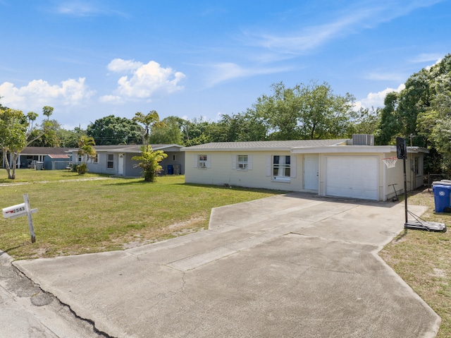 ranch-style home with a front yard, a garage, and central air condition unit