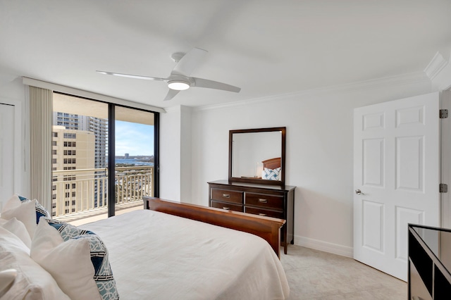 tiled bedroom featuring floor to ceiling windows, ceiling fan, crown molding, and access to exterior