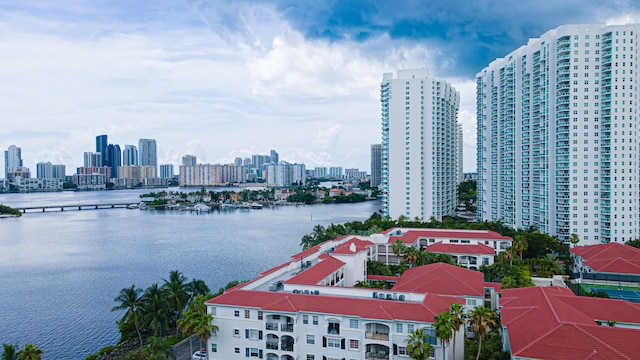 aerial view of a view of skyline and a large body of water