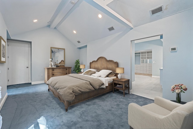 carpeted bedroom with vaulted ceiling with beams