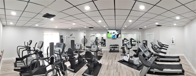 exercise room featuring a drop ceiling and light hardwood / wood-style flooring