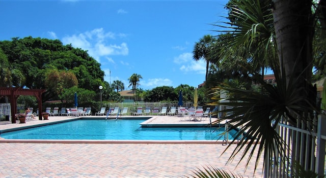 view of pool with a patio and a pergola