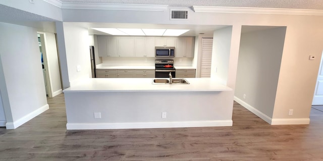 kitchen featuring sink, ornamental molding, appliances with stainless steel finishes, a textured ceiling, and hardwood / wood-style flooring