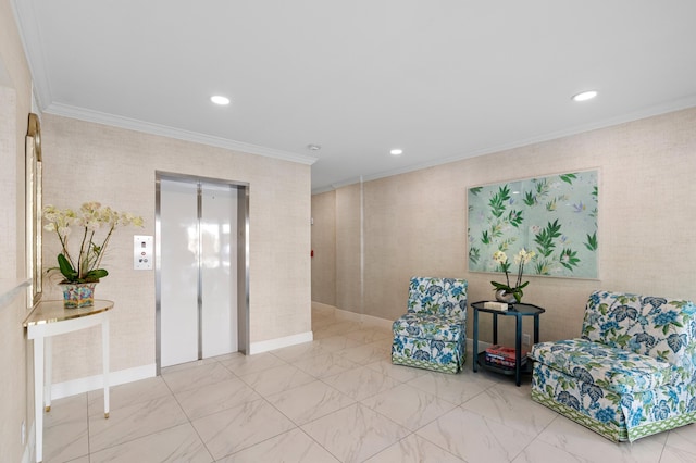 sitting room featuring elevator and ornamental molding