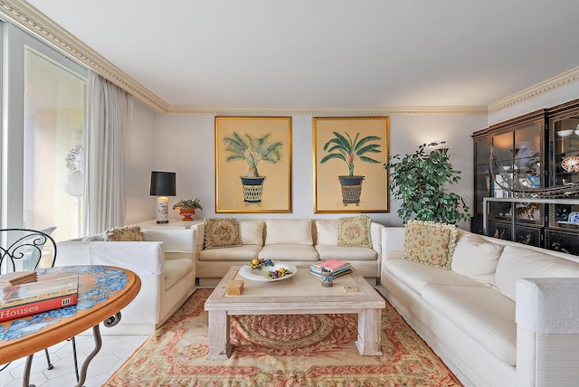 living room with ornamental molding