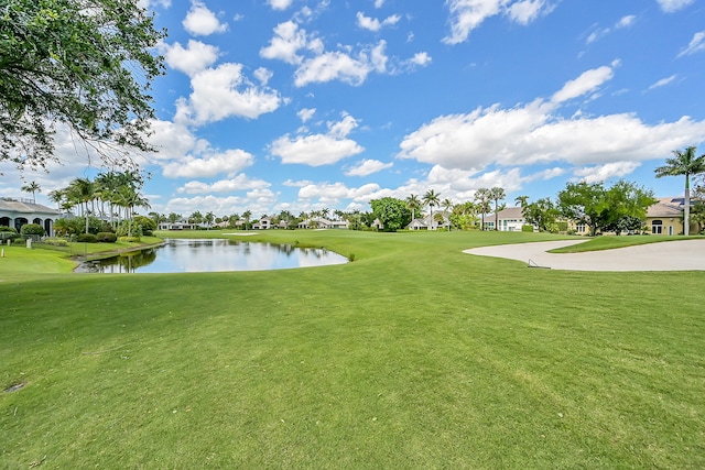 view of property's community with a lawn and a water view