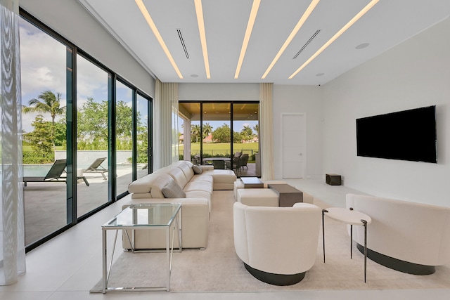 living room featuring light tile flooring