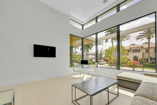 living room featuring a healthy amount of sunlight, light hardwood / wood-style flooring, and a towering ceiling