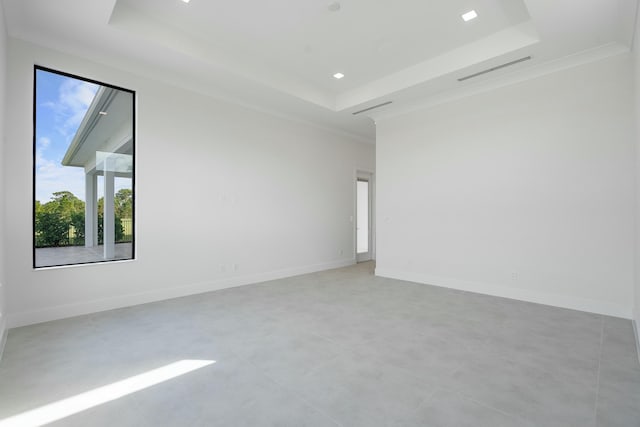 empty room with a healthy amount of sunlight, a raised ceiling, and crown molding