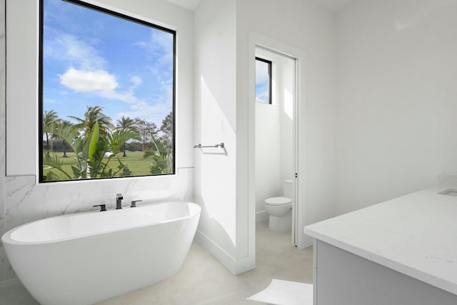 bathroom with a washtub, vanity, toilet, and plenty of natural light