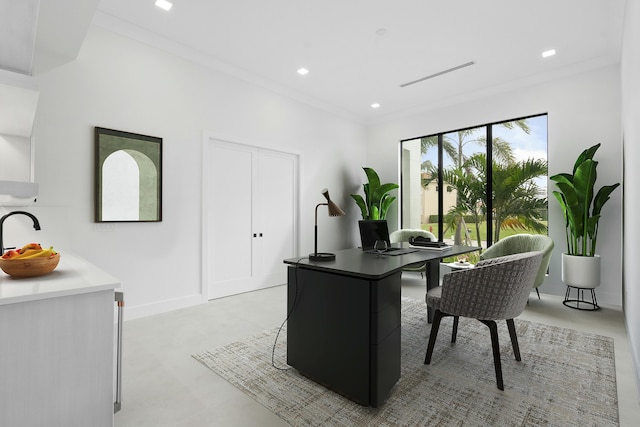 office featuring sink and ornamental molding