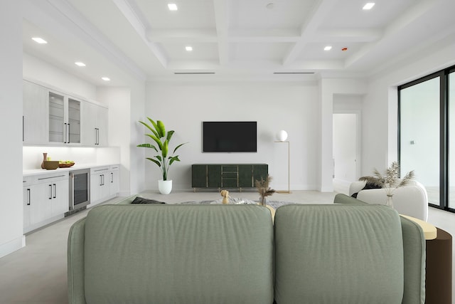 living room featuring beam ceiling, wine cooler, and coffered ceiling