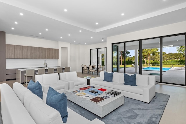 living room featuring a raised ceiling