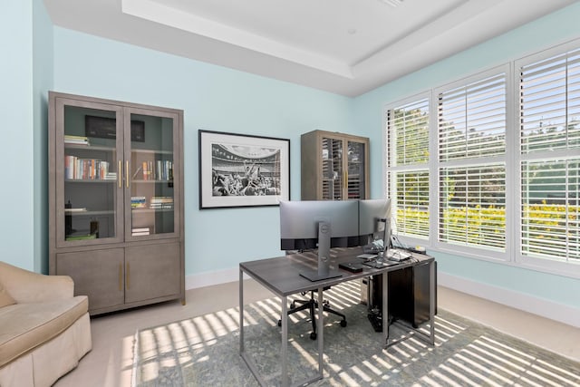 office area featuring a tray ceiling