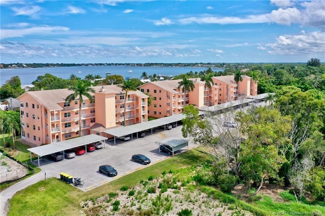 bird's eye view with a water view