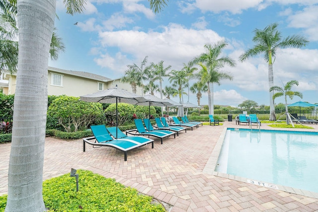 view of swimming pool with a patio area