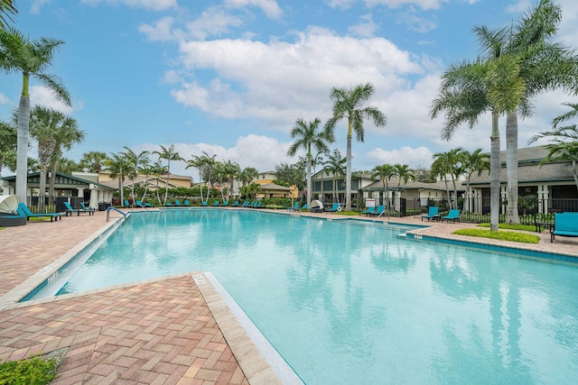 view of swimming pool featuring a patio