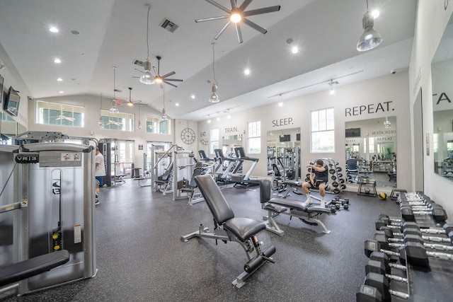 gym featuring high vaulted ceiling and ceiling fan